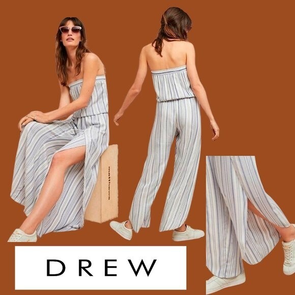 DREW by Anthropologie NEW EMERSON Striped Bandeau Side Slit Leg Jumpsuit M - Picture 3 of 12